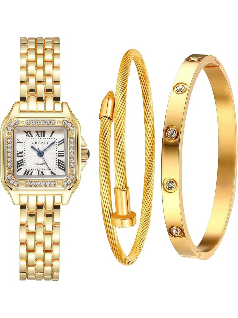 Women's Gold Roman Dial Bangle Stainless Steel 2 Bracelets Set Ladies Wristwatch